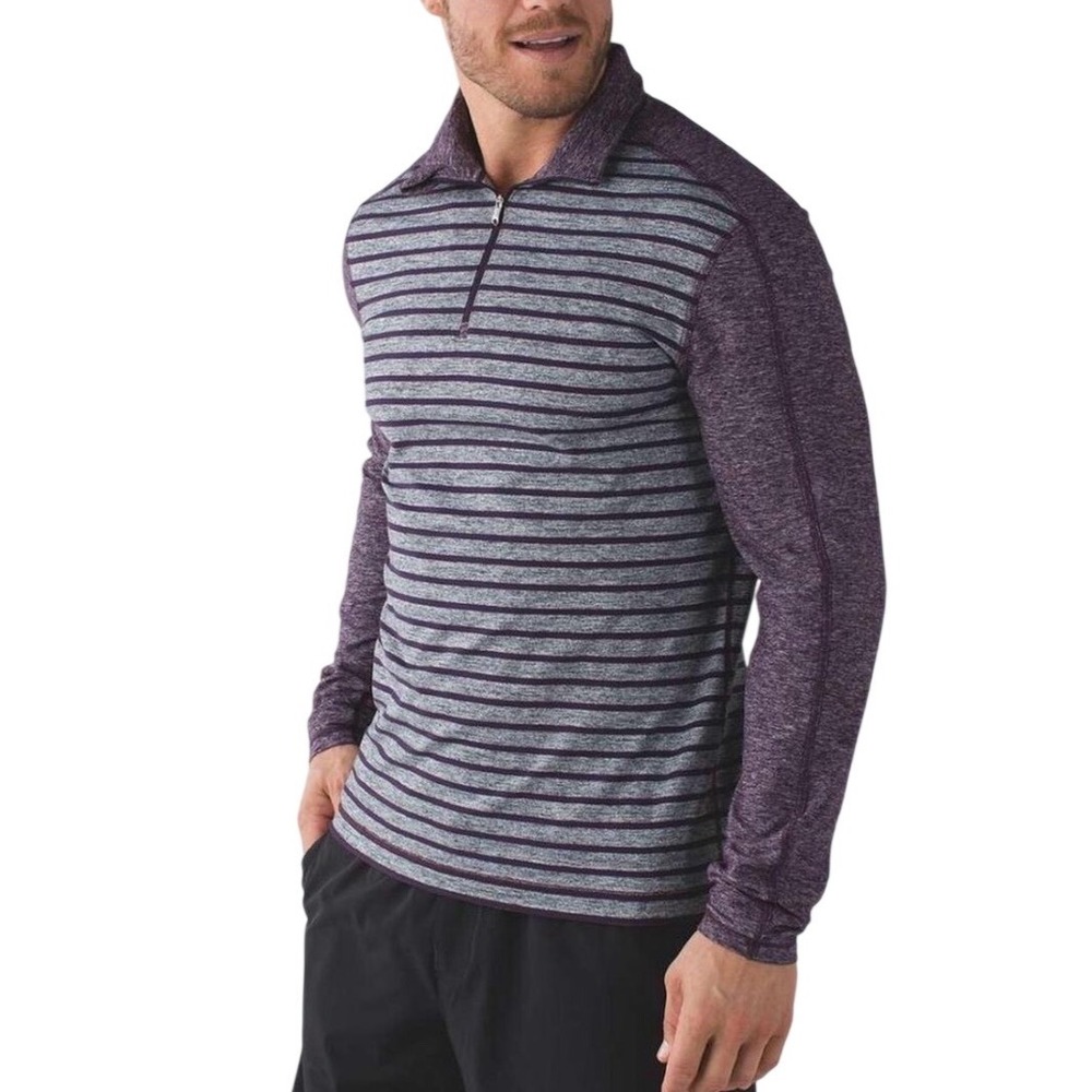 Lululemon Surge warm 1/2 Zip Pullover Purple Grey Yatchie Striped Mens M